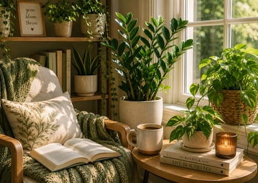Cozy reading nook with coffee, sunlight, and beginner-friendly houseplants in a relaxing home.