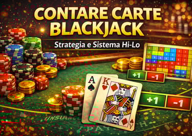 Contare carte blackjack con sistema Hi-Lo illustrato su tavolo da casinò con fiches
