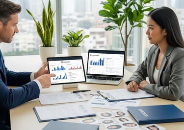 A professional consulting session with two people at a conference table with laptops and tablets.