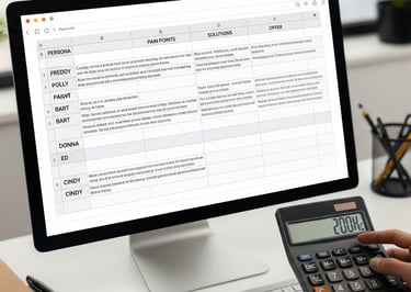 A computer screen showing a spreadsheet of personas and a person's hand holding a calculator.