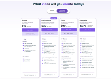 Pricing plan for Pictory AI from Starter, professional, team to enterprise