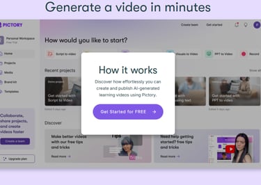 Homepage of Pictory AI showing generate a vidoe in minutes how it works