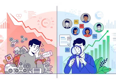 Split-screen of a frustrated person with declining sales versus a focused one with growing profits.