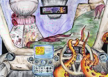 a drawing of a car with a steering wheel, alien tentacles , future , watercolour painting 