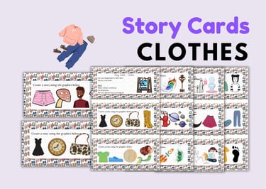 ESL clothes, present simple worksheets, story cards, creative writing, vocabulary and grammar
