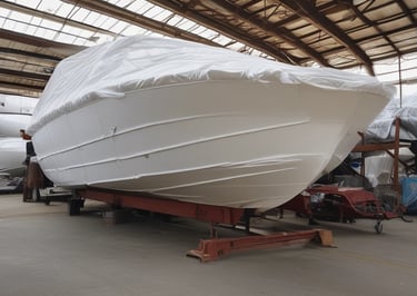 A motorboat docked on calm water, with several outboard engines. The upper part of the boat has a canopy and safety railing, while the hull displays the name 'Alhaj marine' and identification number JF-324.