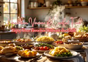 a kitchen table full of comfort food with the words Healthier Versions of Comfort Food: Enjoy Your F