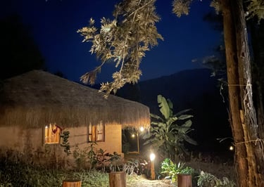 Night view of a rustic mud house with a thatched roof in Nelli Mud Village