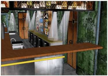 Maquette 3D d'un arrière-bar ambiance steampunk avec différents choix de matières et d'éclairage.