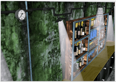Maquette 3D d'un bar ambiance steampunk (détail de l'arrière-bar).