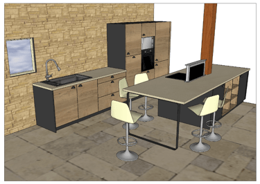 Maquette 3D d'agencement de cuisine selon les choix d’équipements et de matières des clients.