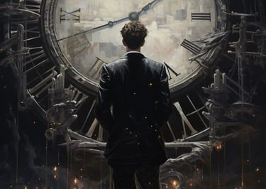 a man standing in front of a clock tower