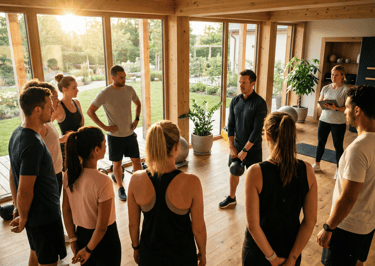 Wellness director leading small group functional training session in luxury hotel wellness facility