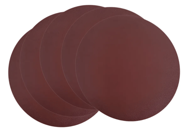 Set of five round maroon orbital sanding discs for woodworking and metal finishing.