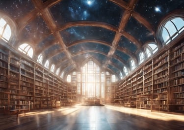 une grande bibliothèque avec plein de rangées de livres et un plafond étoilé