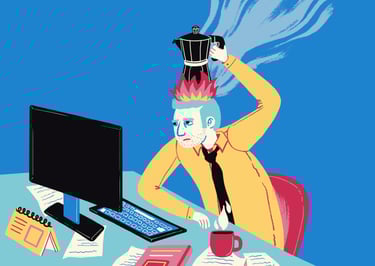 a man sitting on a desk with a coffee pot heating over his head