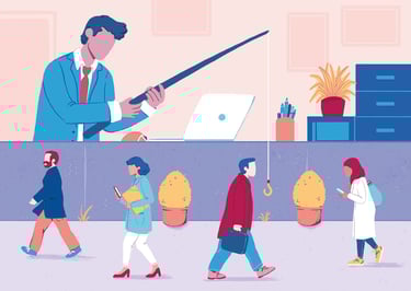 a man in a suit and tie is holding a fishing stick, trying to catch people going to work