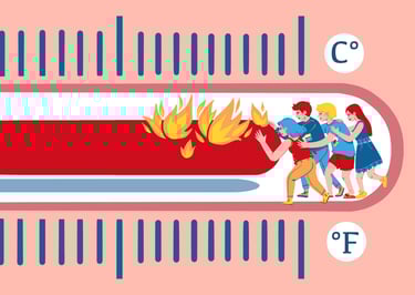 group of people trying to push back the mercury of a thermometer on fire
