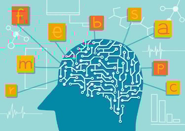 the shape of a head with a circuit board and letters and symbols emerging from it