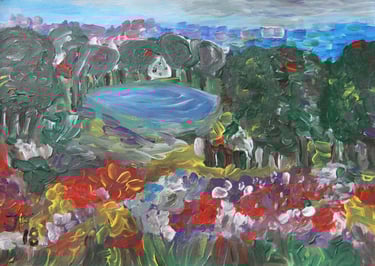 a landscape painting of a botanical garden with a pond