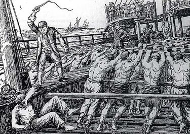 gravure d'une galère. les galériens fouetté par le contremaitre