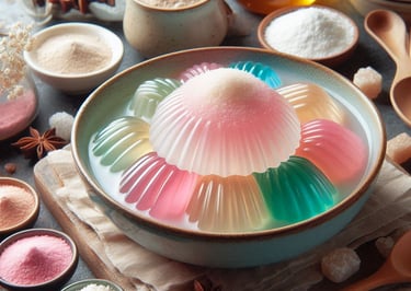 multi-colored jelly in bowl with various powders