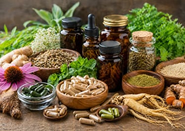 Suplementos herbais variados, cápsulas e pós com gengibre fresco e equinácea para bem-estar natural.