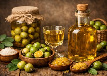 Gabirobas, licor e conservas em composição elegante de produtos caseiros gourmet.