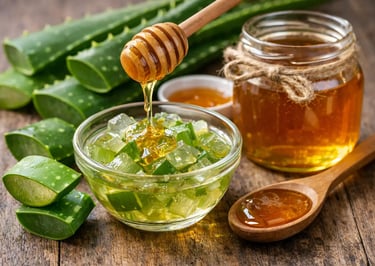 Gel fresco de babosa (Aloe vera) orgânica sendo regado com mel puro para um tratamento natural.