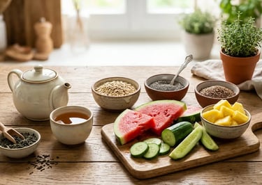 Café da manhã saudável com melancia, pepino, abacaxi, aveia, sementes de chia e chá  sobre mesa