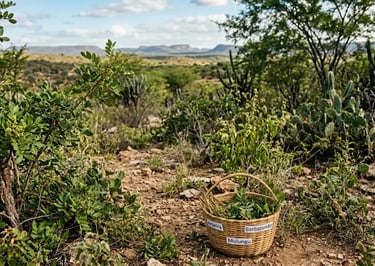 Cesto de vime com Aroeira, Barbatimão e Mulungu na Caatinga brasileira seca.