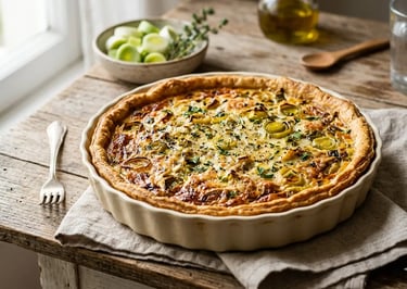 Quiche de alho-poró e queijo recém-assada em uma forma de cerâmica, sobre uma mesa rústica .