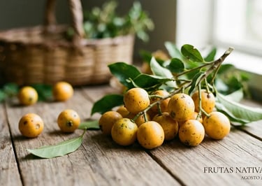 Gabirobas amarelas com folhas verdes sobre mesa rústica ao lado de um cesto de vime.