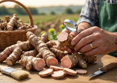 Agricultor inspecionando raiz fresca de Rhodiola rosea orgânica com uma lupa sobre uma mesa rústica 