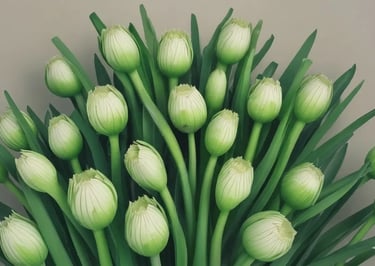 Um exuberante buquê de botões fechados de flores de alho-poró, com hastes e folhas verdes vibrantes.