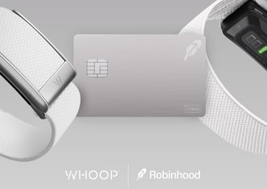 A brushed metal Robinhood credit card displayed alongside white WHOOP fitness trackers and logos.