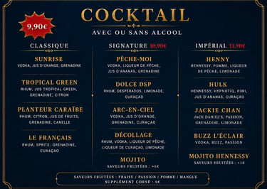 Carte a cocktail a emporter, tarifs, prix, Royalty Pizza, Fort de france, Martinique 