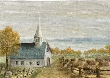 a painting of a church with a steeple