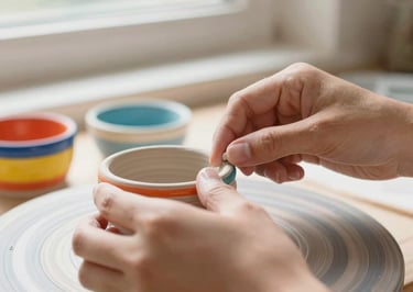 Close-up of hands working together on a colorful ceramic craft, warm natural window light, vibrant tones, tactile and hopeful, 35mm lens.