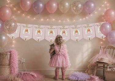 Little girl wearing wellies cuddling a kitten beneath personalised princess birthday bunting