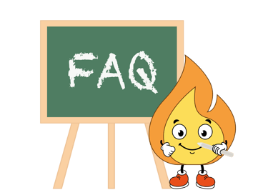 La petite flamme Maxima orange qui a une craie a la main et écrit FAQ sur la tableau