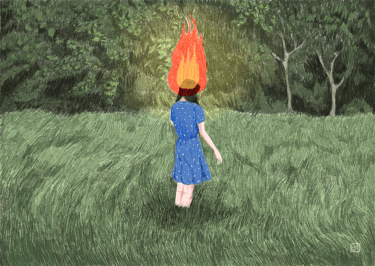 illustration of a woman in a blue dress standing in a field of tall grass with her head on fire