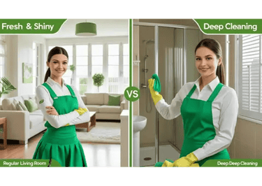 a woman cleaning a room with a green cleaning glove