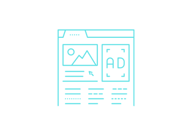 Ícono azul de una página web con una imagen y un anuncio, representando publicidad digital y conteni