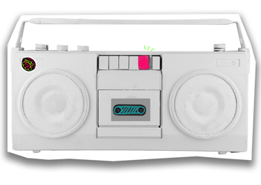 um rádio preto e branco com botão play desenhado em rosa