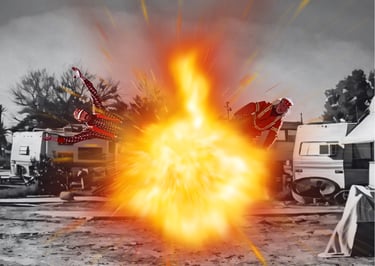 Action scene with Hank & Pumpkin flying backwards from a large orange explosion at a trailer park.