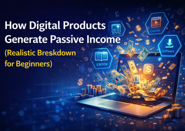 A laptop with money emerging from the screen illustrating how digital products generate passive income.
