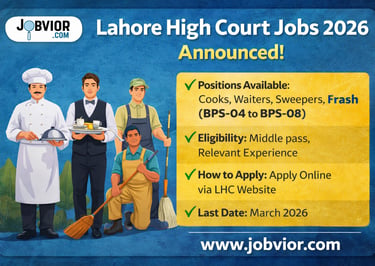 4:3 blog post image announcing Lahore High Court Jobs 2026 featuring cook, waiter, sweeper, and fras