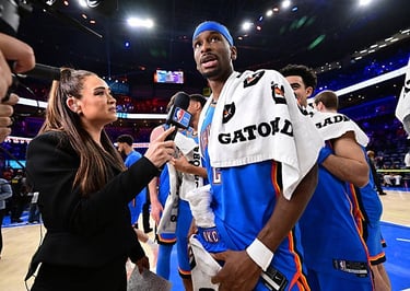 April 2: Shai Gilgeous-Alexander of the Thunder talks to the media after the game vs. LAL