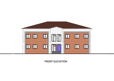 Front elevation architectural drawing of a two-story modern admin building with a brown roof.